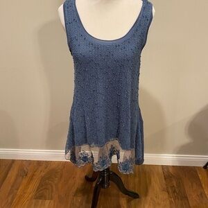 Cupio Blue Sleeveless Knit Shirt/Dress with Floral Lace Hem